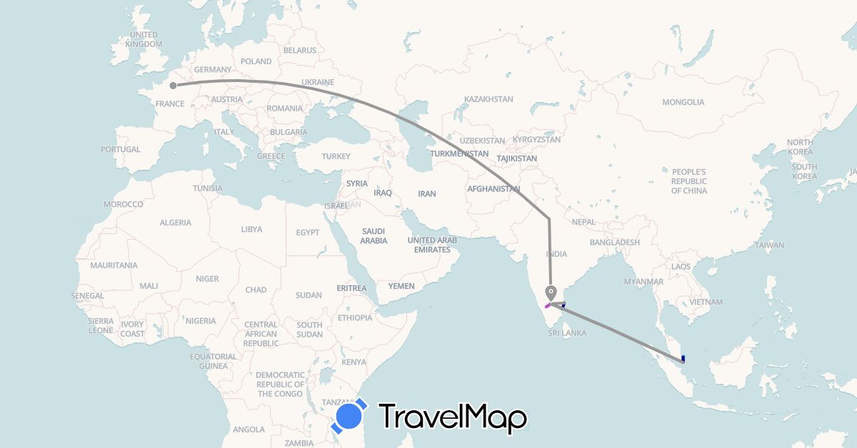 TravelMap itinerary: driving, bus, plane, train, boat in France, India, Malaysia, Singapore (Asia, Europe)